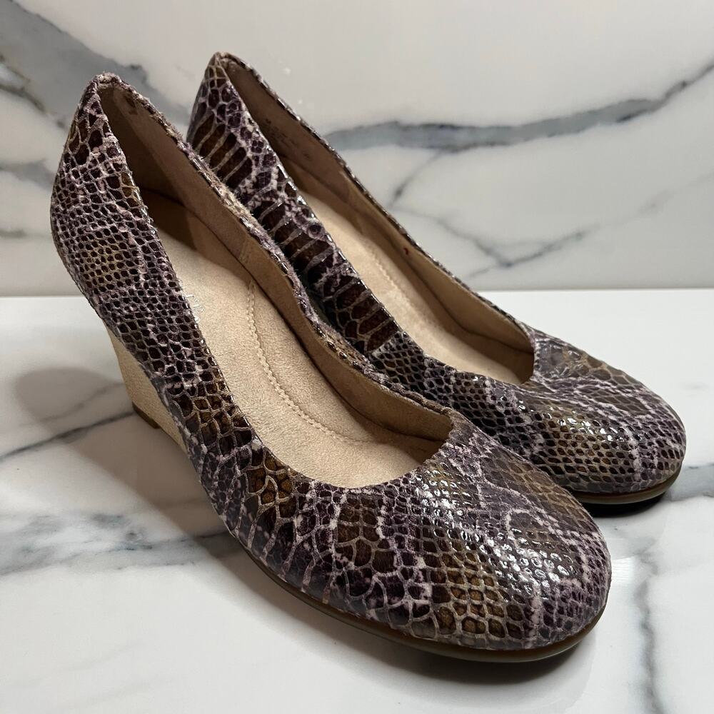 Aerosoles Women's Pink Brown Leather Reptile Print Espadrille Wedge Shoes Sz 7.5